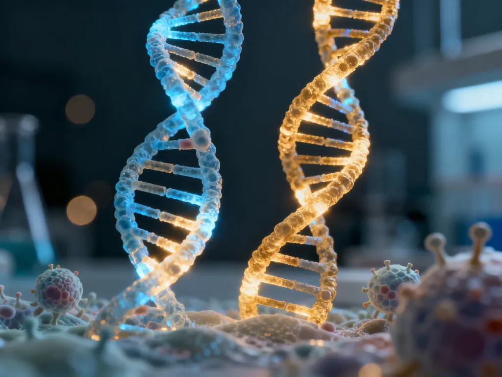 Świecąca podwójna helisa DNA na tle struktur komórkowych, symbolizująca biologiczne podstawy genetyki.