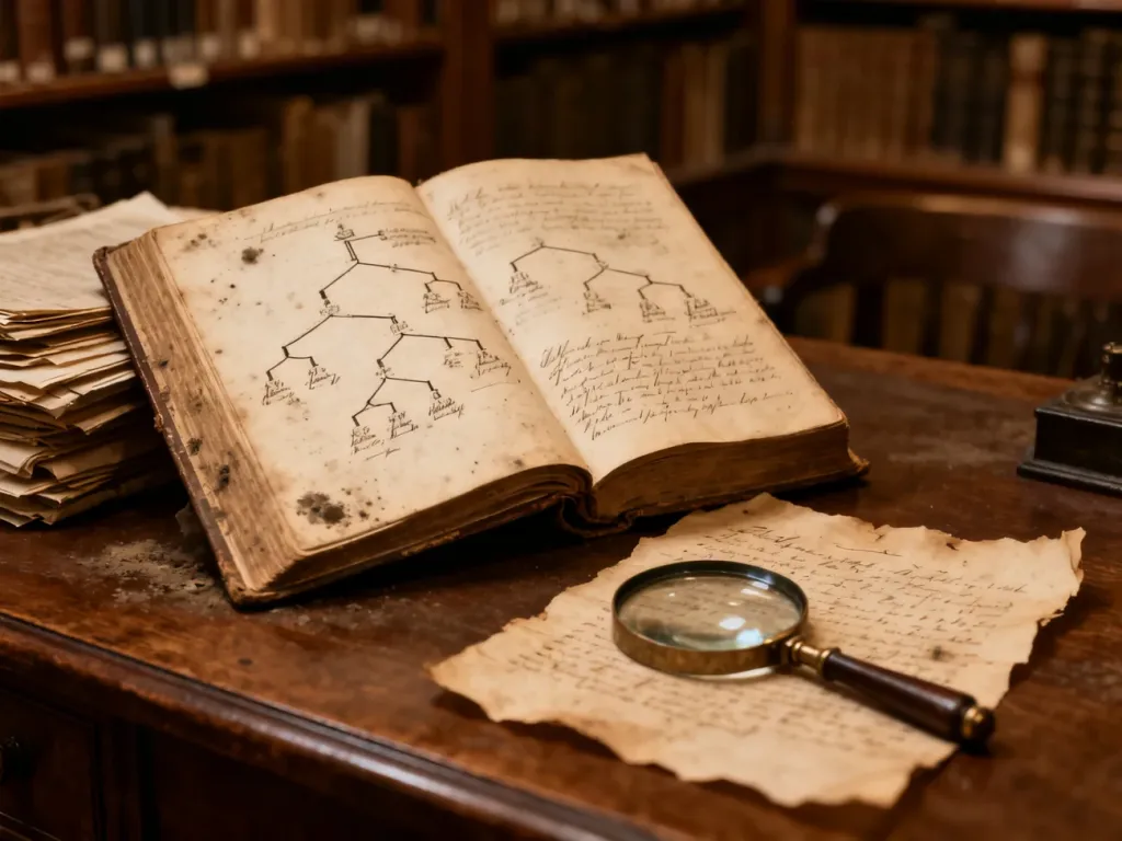 Otwarte antyczne księgi z drzewami genealogicznymi i lupa na drewnianym biurku, symbolizujące badania nad historią nazwisk.