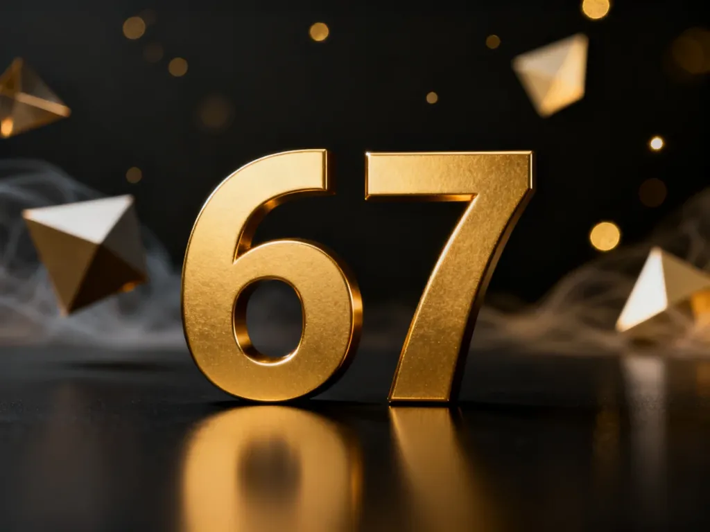 Złota, metaliczna liczba 67 na ciemnym, refleksyjnym tle, symbolizująca elegancję i tajemnicę tej wartości liczbowej.
