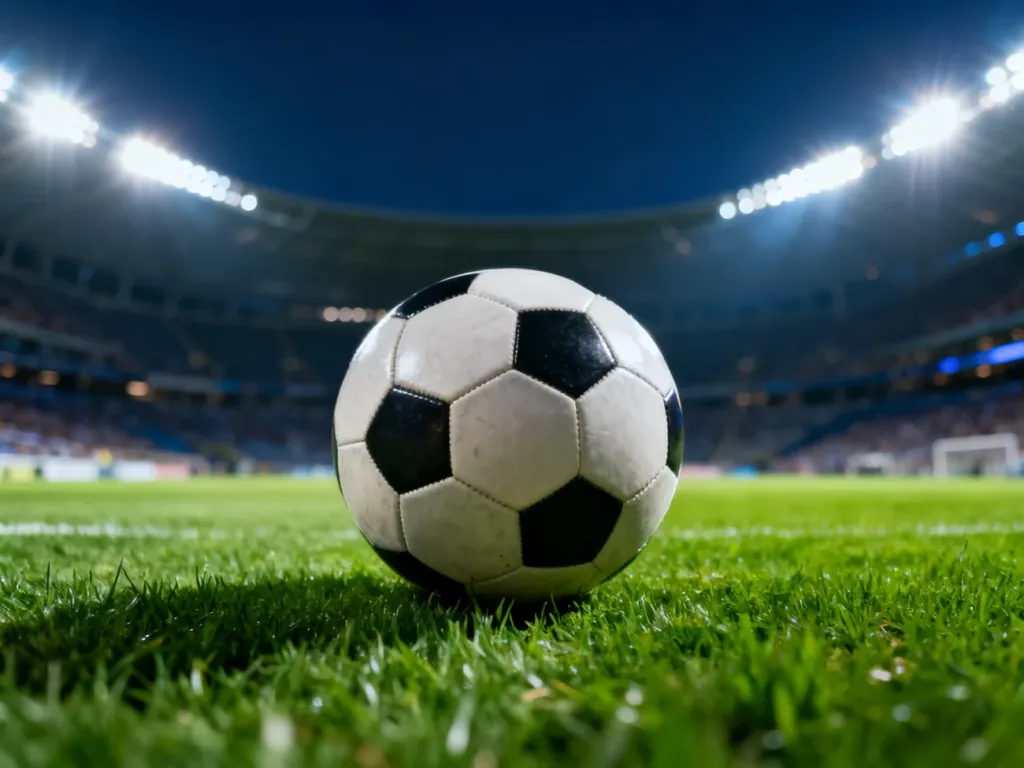 Piłka leżąca na murawie nowoczesnego stadionu podczas wieczornego meczu Ligi Konferencji Europy.