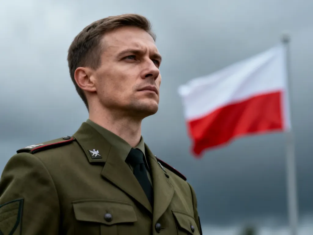 Polski żołnierz w mundurze galowym stojący na baczność na tle powiewającej flagi Polski.