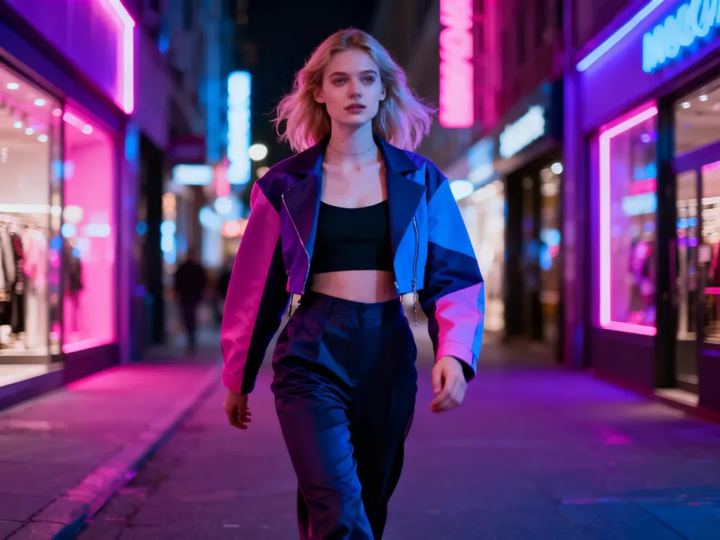 Pewna siebie kobieta w modnym stroju spaceruje po tętniącej życiem ulicy w neonowym oświetleniu, uosabiając styl „slay”.