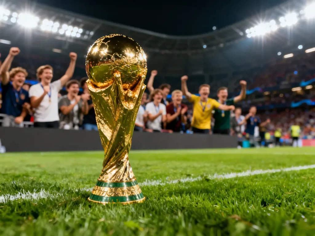 Złote trofeum Pucharu Narodów Afryki ustawione na murawie stadionu w blasku reflektorów, z kibicami w tle.