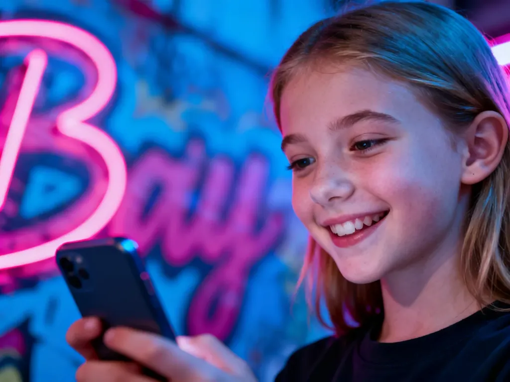 Uśmiechnięta nastolatka przeglądająca smartfon na tle kolorowego graffiti, oddająca nowoczesny i młodzieżowy klimat.